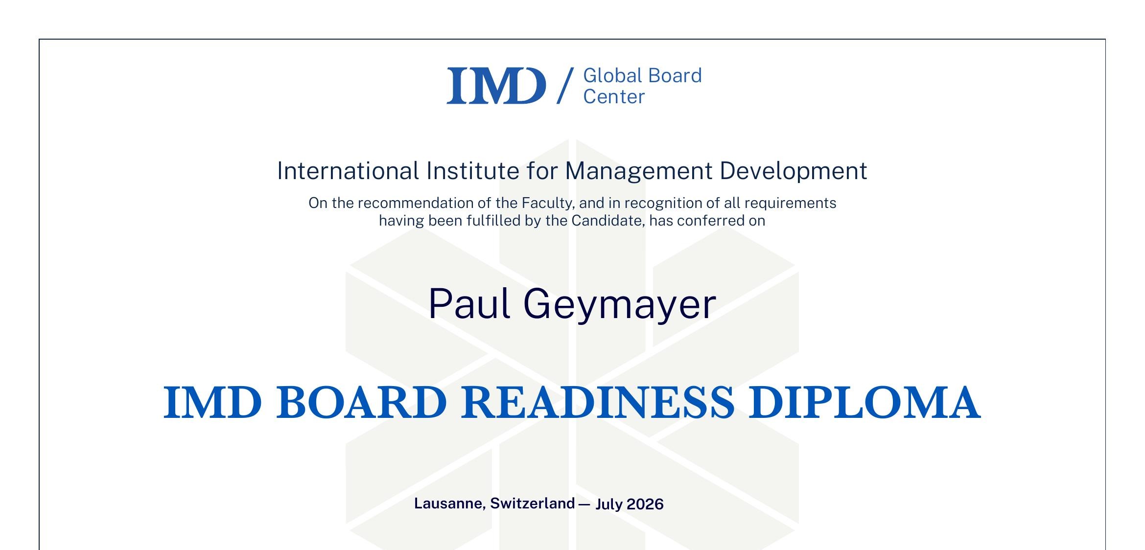 IMD Board Readiness Diploma certificate
